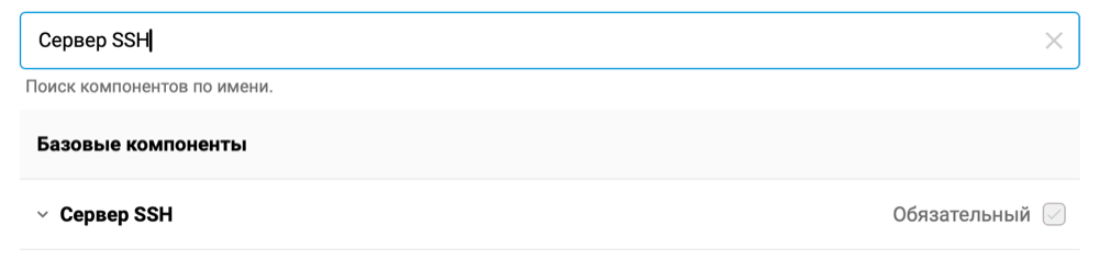 Searching the component list for the SSH server (shown in Russian)