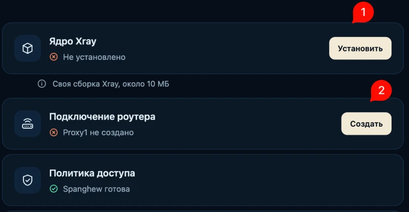 The Xray core card with the Install button, the Router connection card with the Create button, and Access policy — ready (shown in Russian)