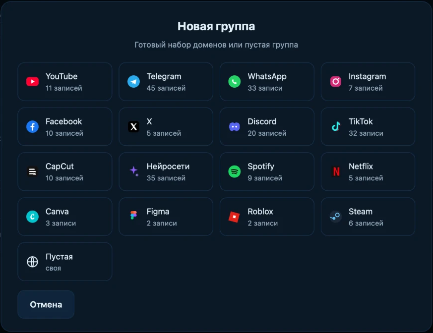 The New group window: ready-made sets — WhatsApp, Instagram, AI services, Netflix and others, and an empty one (shown in Russian)