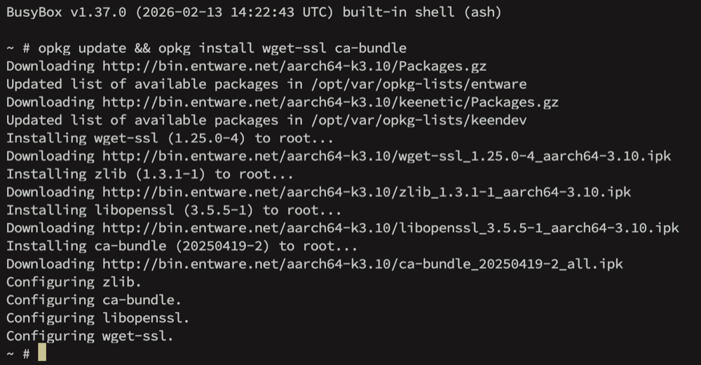 Router console: wget-ssl and ca-bundle being installed, ending with Configuring lines and the ~ # prompt
